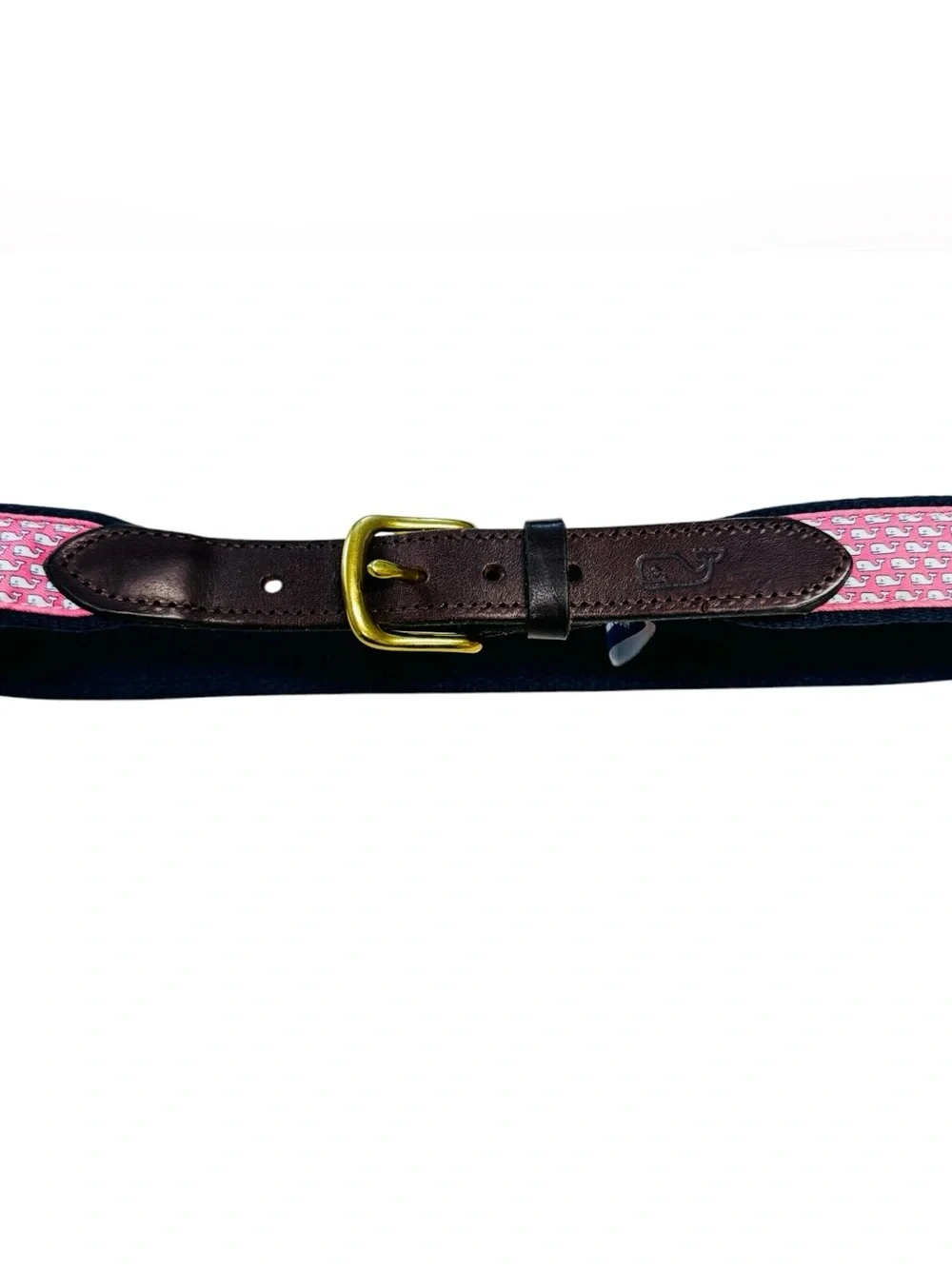 Vineyard Vines Pink Whale Pattern Web Belt with Brown Leather Men’s Sz. 30